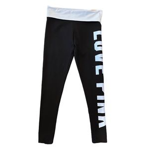 VS PINK Black Leggings Mid Rise Foldover Pale Blue Logo Medium NWT